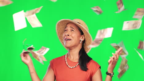 mujer ganadora, lluvia de dinero y pantalla verde