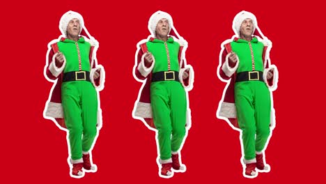 happy christmas, new year. stop motion design, art animation. dancing man as bad santa claus. fashion dance on red . funny, modern, conceptual, contemporary bright 4k artcollage. party time concept