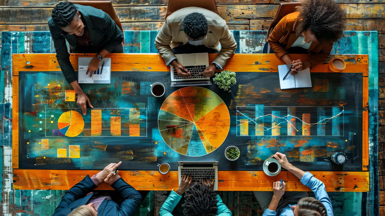 Team brainstorming at table. Group of professionals collaborating on data analysis at a vibrant, colorful table covered with charts and laptops