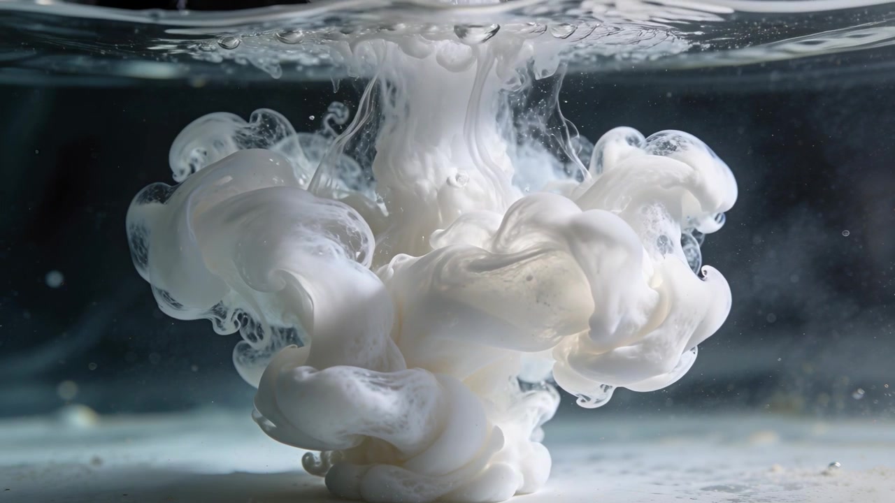 Dropping white pigment column piercing water surface in glass tank, showing mixing for observation