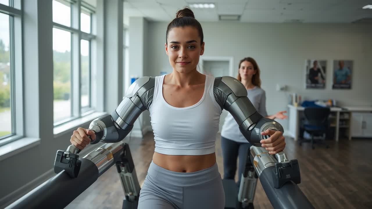 Paziente che inizia ad allenarsi sul tapis roulant in abbigliamento sportivo in una clinica con supporti robotici per la riabilitazione