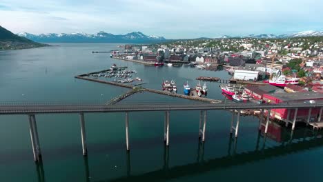 Bridge-of-city-Tromso,-Norway-Aerial-footage