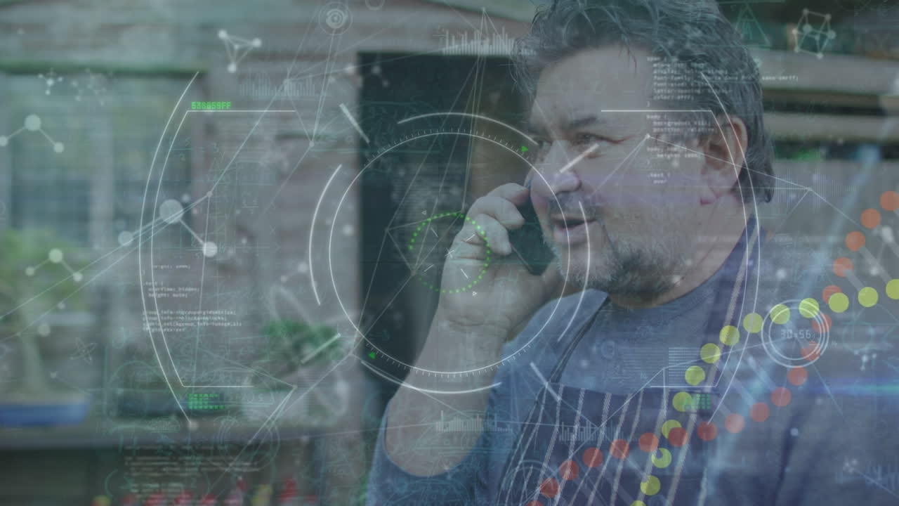 animación de adn y procesamiento de datos sobre hombre caucásico con teléfono inteligente