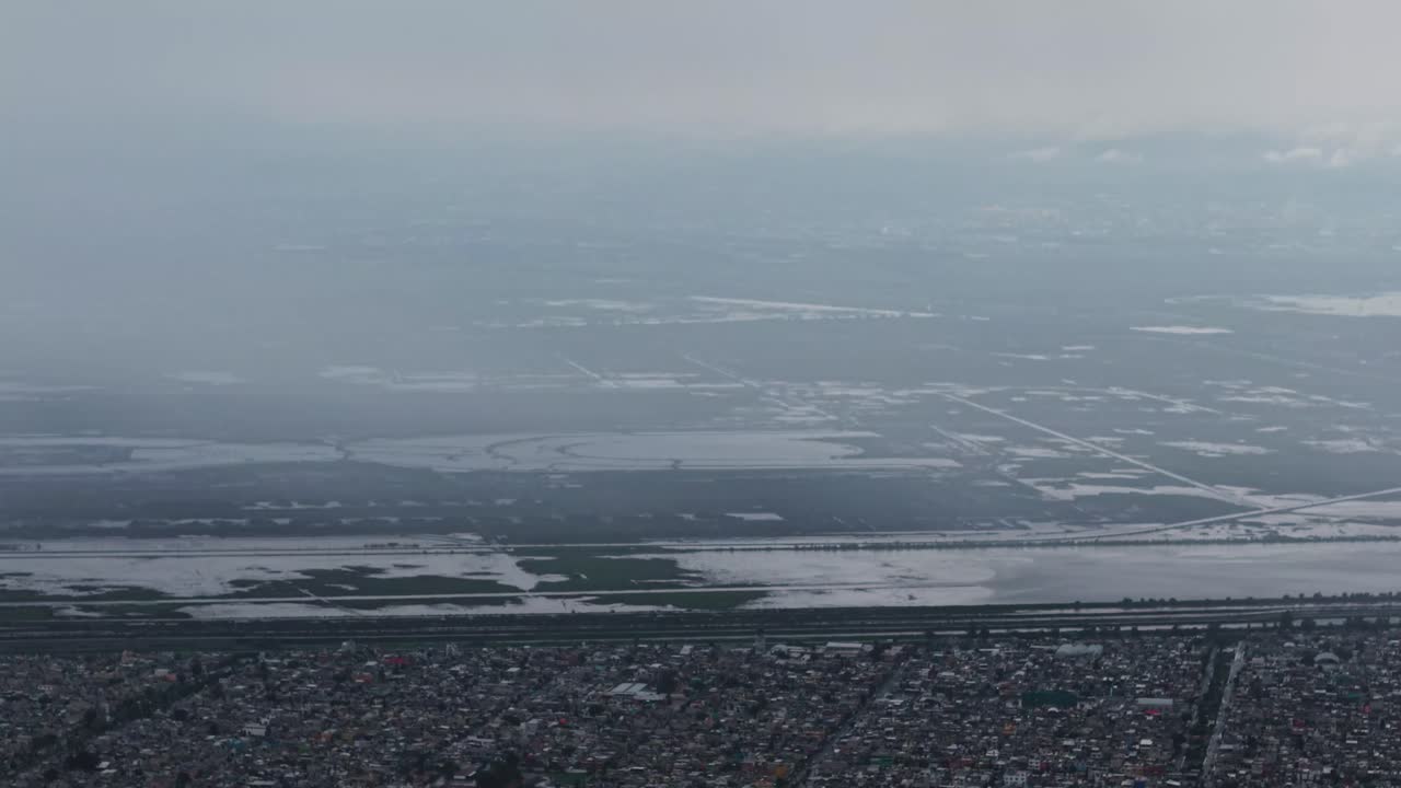 Aerial view by drone showing a section of Texcoco Park inundated during wet season in Mexico City