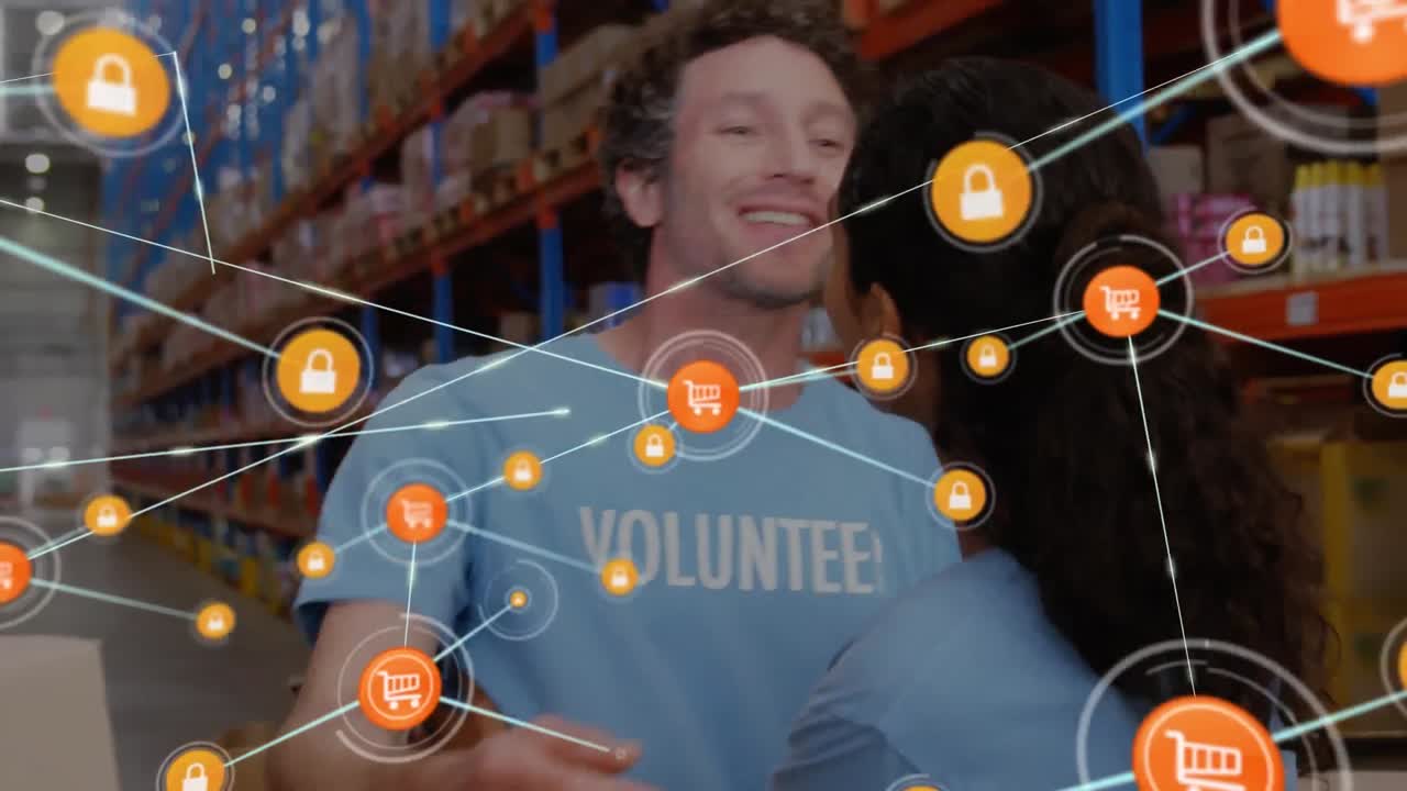 창고에서 포옹하는 다양한 남녀 자원봉사자들에 대한 디지털 아이콘 네트워크의 애니메이션