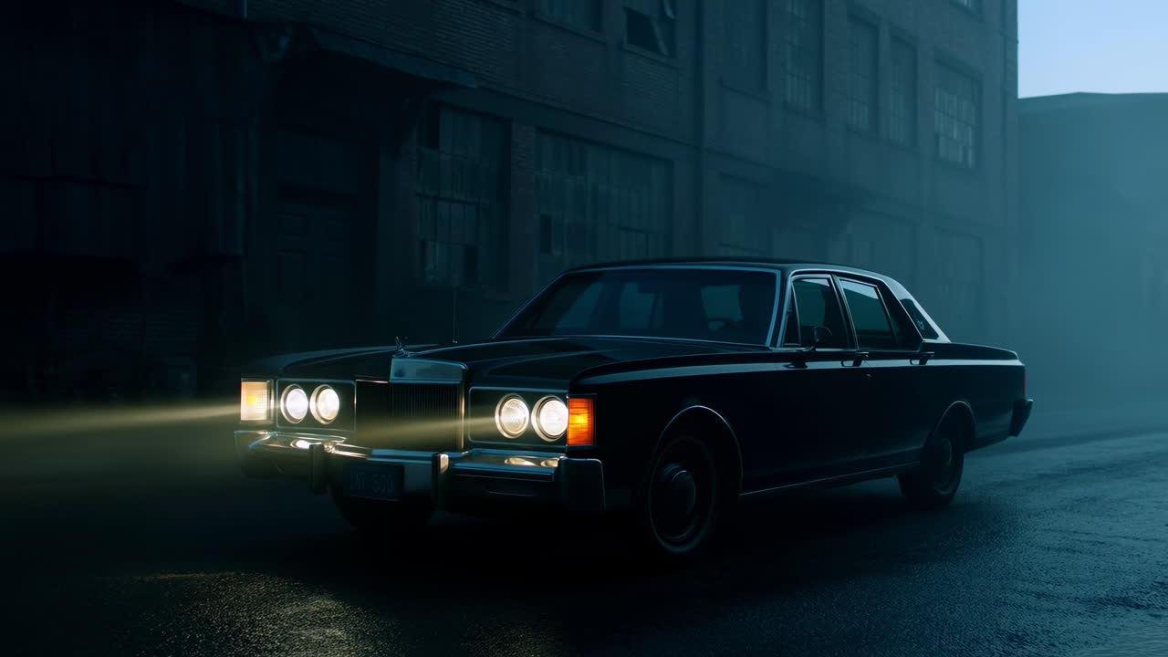 Oldtimer-Scheinwerfer durchbrechen neblige Straße, Retro-Limousine taucht aus dem Dunst in feuchtem Industriegebiet auf, nass