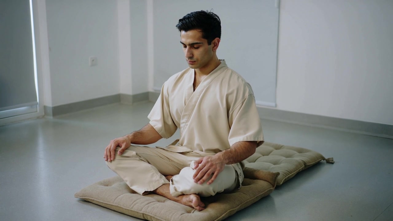 Kameran käynnistyessä mies istuu harjoittamassa meditaatiota valoisassa studiossa, yllään beigenväriset kaavut tyynyllä.
