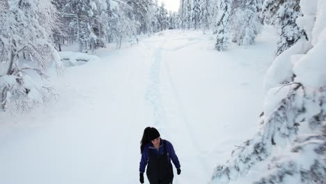 Girl-Walking-and-Admiring-Snow-Covered-Trees,-Aerial-Drone-View-in-Lapland,-Finland,-Arctic-Circle