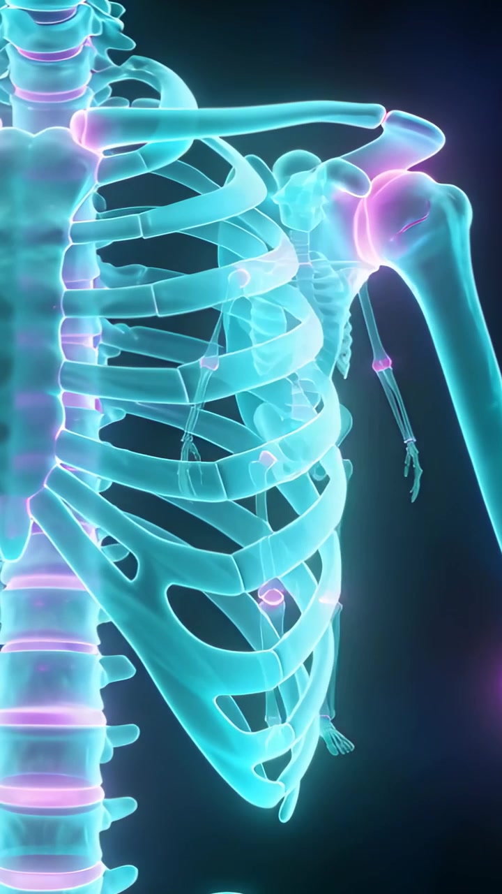 Video verticale: Panoramica della telecamera che esamina un torso ciano nel vuoto oscuro, mostrando una spina dorsale magenta pulsante