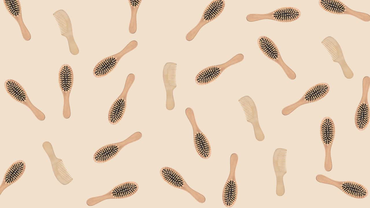 seamless looping animation with many wooden bamboo combes and hairbrushes that wiggle on a beige pastel background close-up