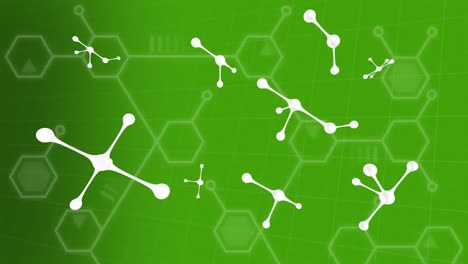 Digital-animation-of-multiple-molecular-structures-floating-against-green-background