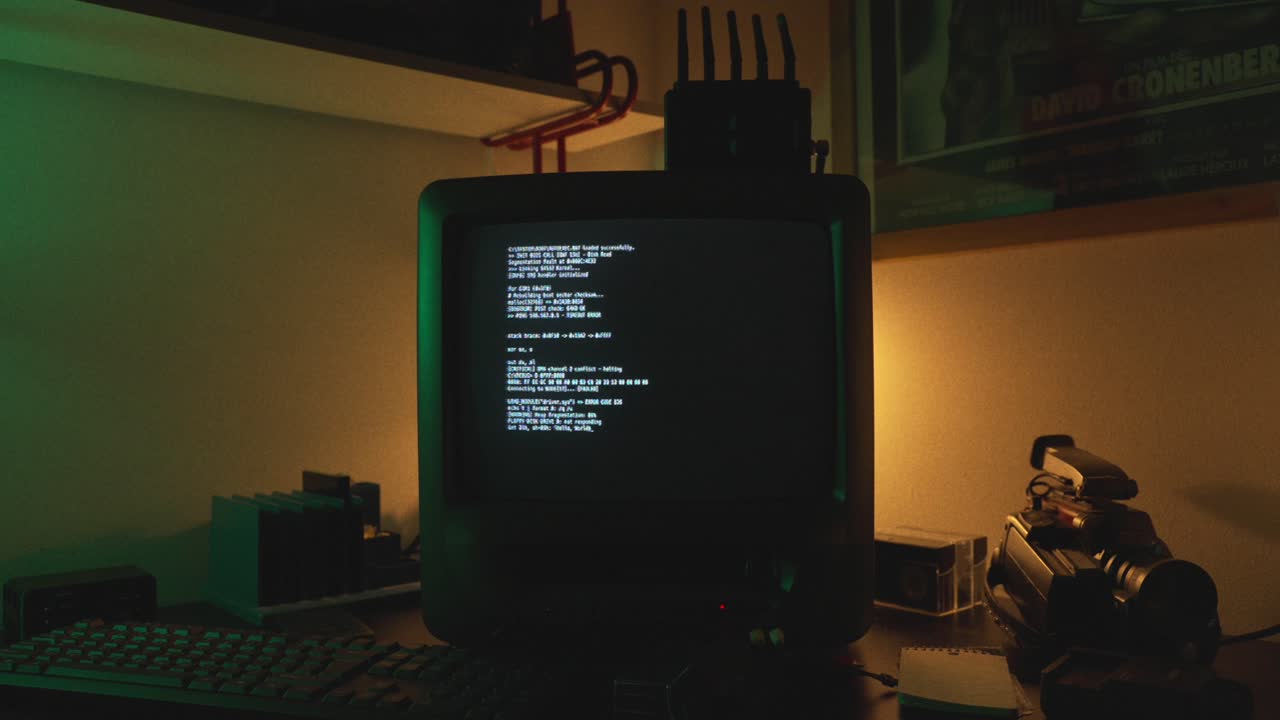 Stuttering view of programming text on old computer inside room.