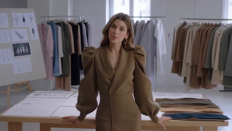 female fashion designer in her studio with clothes and sketches