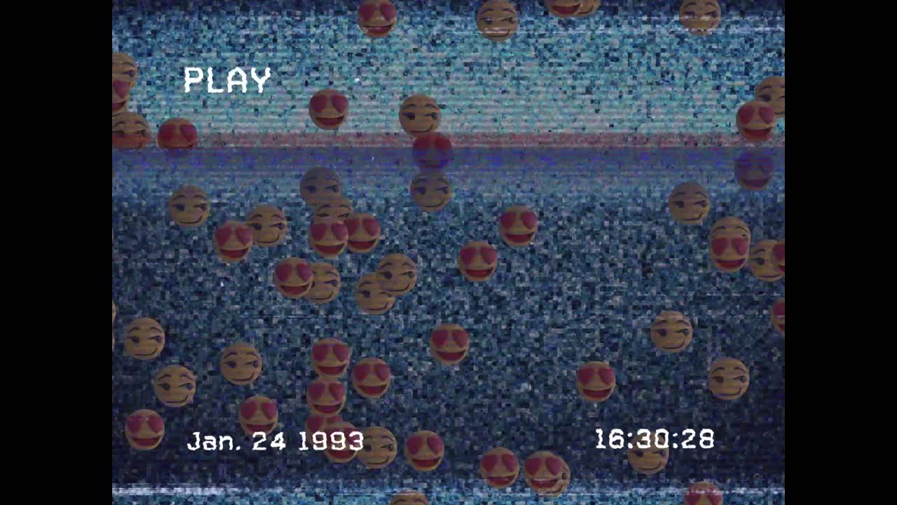 Digital animation of vhs glitch effect over multiple face emojis floating against tv static effect