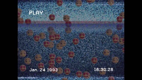 animación digital de vhs efecto de falla sobre varios emojis de cara flotando contra el efecto estático de la televisión