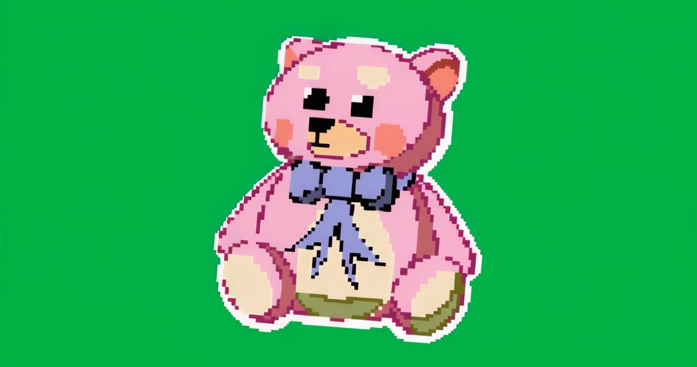 Ao carregar, urso de pelúcia em pixel art balançando e inclinando em fundo azul transparente, mostrando loop de inatividade.