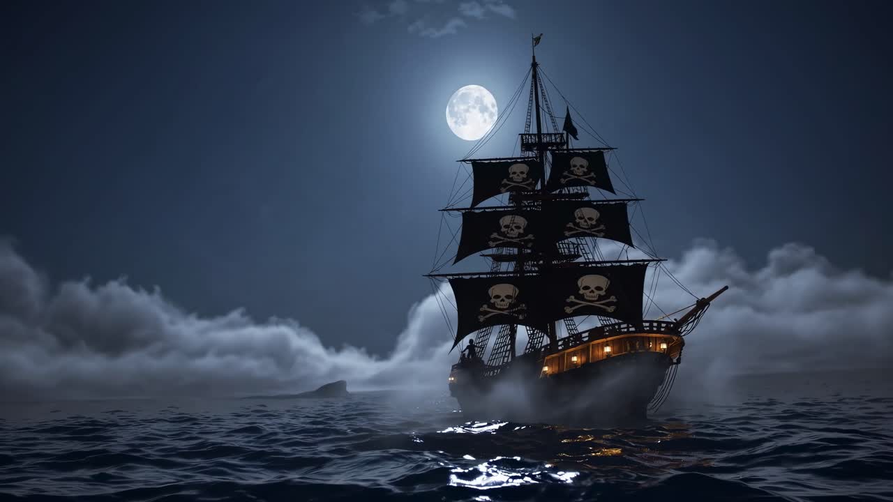 A dramatic video scene of a pirate ship sailing under a full moon