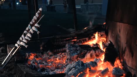 sardinen, die am strand am feuer kochen