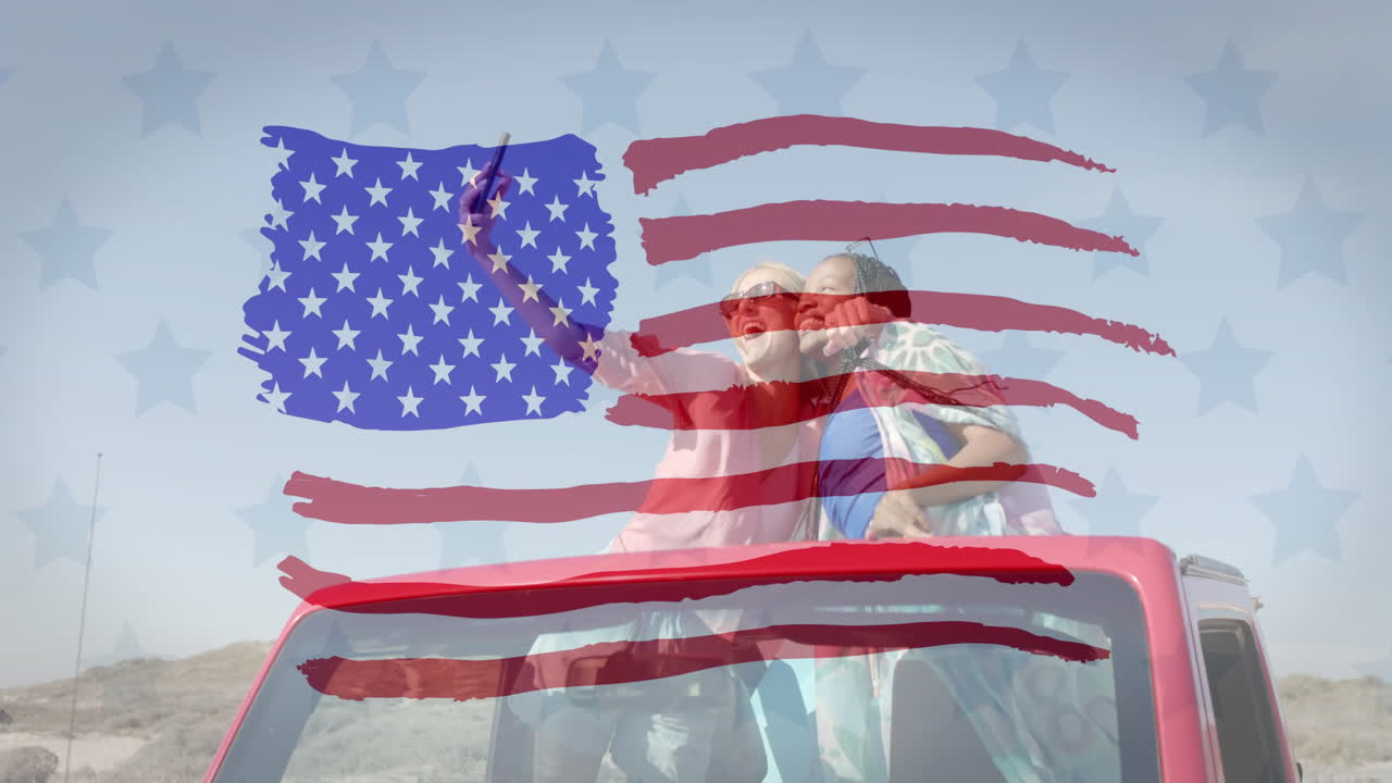 다양한 여성 친구들이 셀피를 찍는 미국 발의 애니메이션