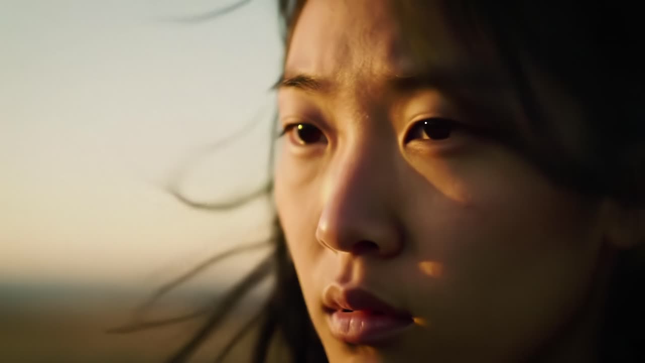 A reflective moment captured in dusk light, showcasing deep emotions of a young woman as the wind gently tousles her hair, highlighting tenderness and vulnerability