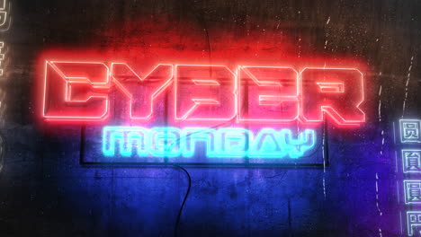 cyber monday with cyberpunk neon light on wall in japan city