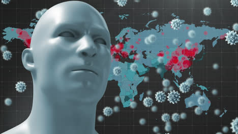 animation of covid 19 cells flying over human head and world map background