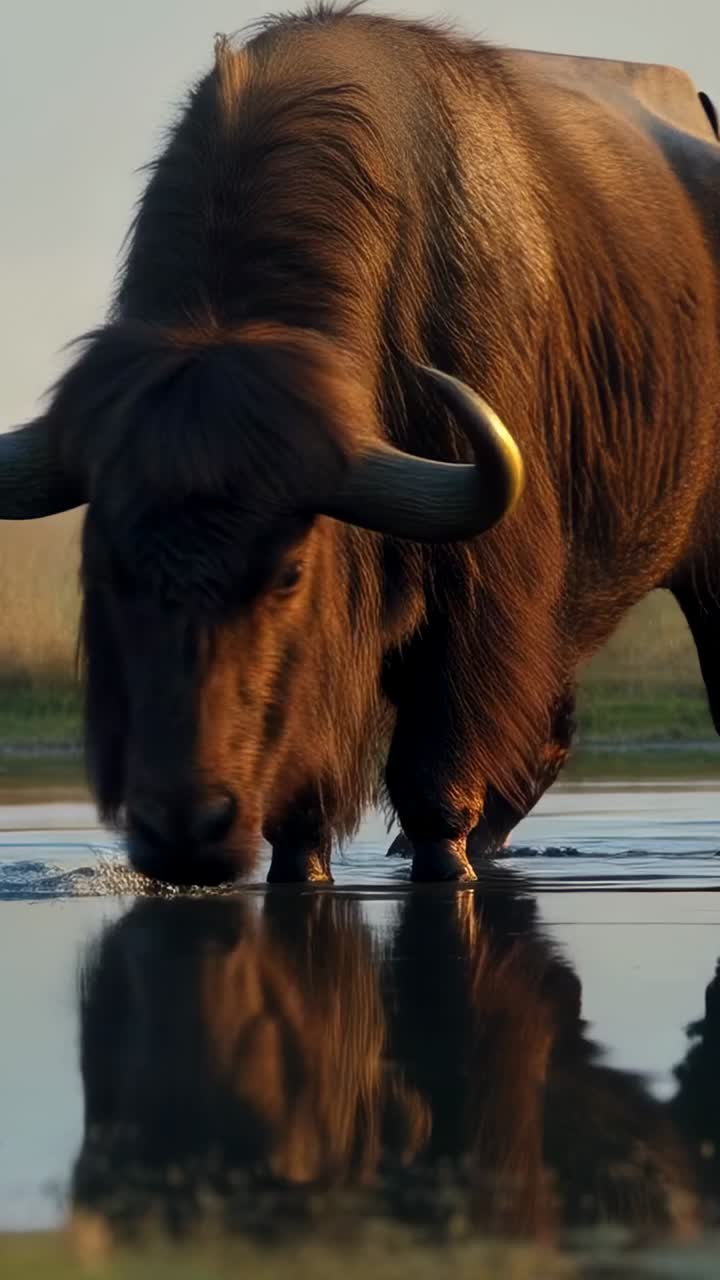Video verticale: bisonte cornuto assetato che abbassa la testa per bere acqua in una palude, increspature, riflesso