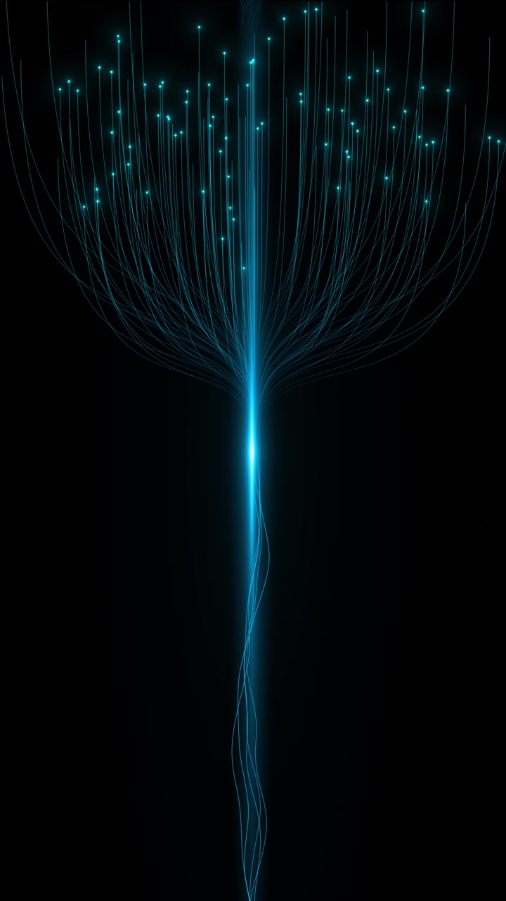 Blue network cable stream glowing fiber strands dotted endpoints and central light burst in dark