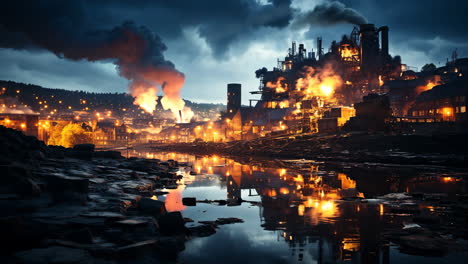industrial landscape at twilight with smoke and reflections in water