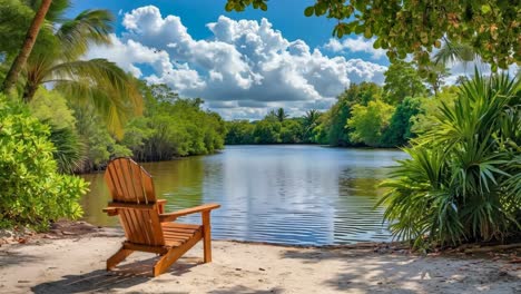 a wooden chair sitting on a sandy beach next to a body of water