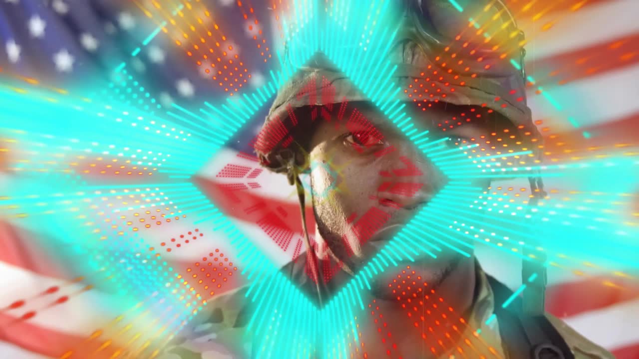 Military soldier in camouflage gear with goggles and flag backdrop, diamond pulsing revealing face