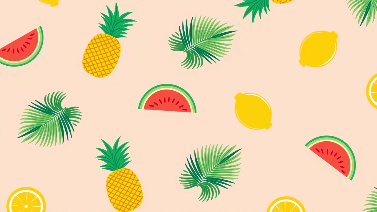 Tropical Fruit Pattern With Pineapple Watermelon Lemon Palm Leaves On Soft Peach Background Flat Colorful