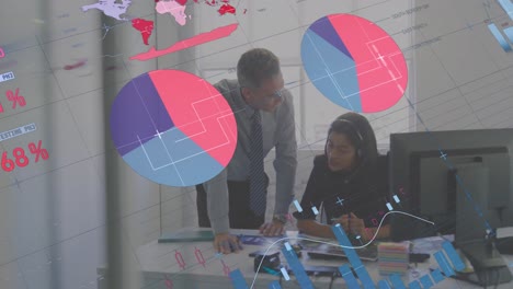 animación del procesamiento de datos estadísticos contra hombres y mujeres diversos discutiendo en la oficina