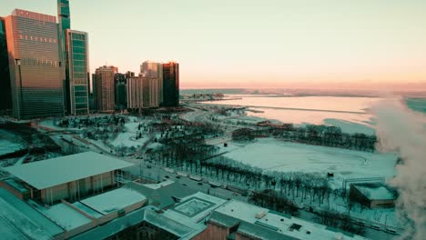 Aerial view of the Chicago skyline on a cold January day, highlighting the city&#039;s architecture amidst the frosty atmosphere