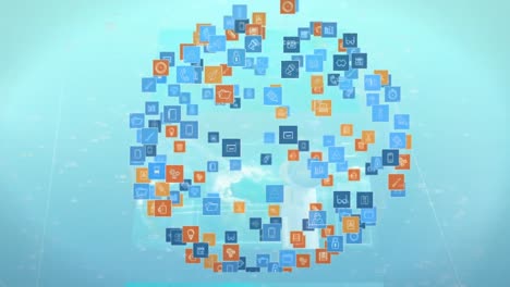 globo de iconos digitales girando contra múltiples pantallas con procesamiento de datos en fondo azul