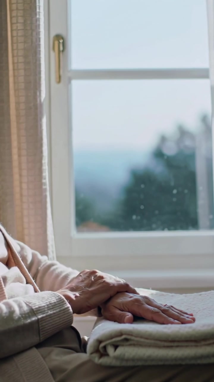 Video verticale: Mani che si accarezzano, donna anziana che si sistema alla finestra con coperta, cardigan, spazio per il testo.