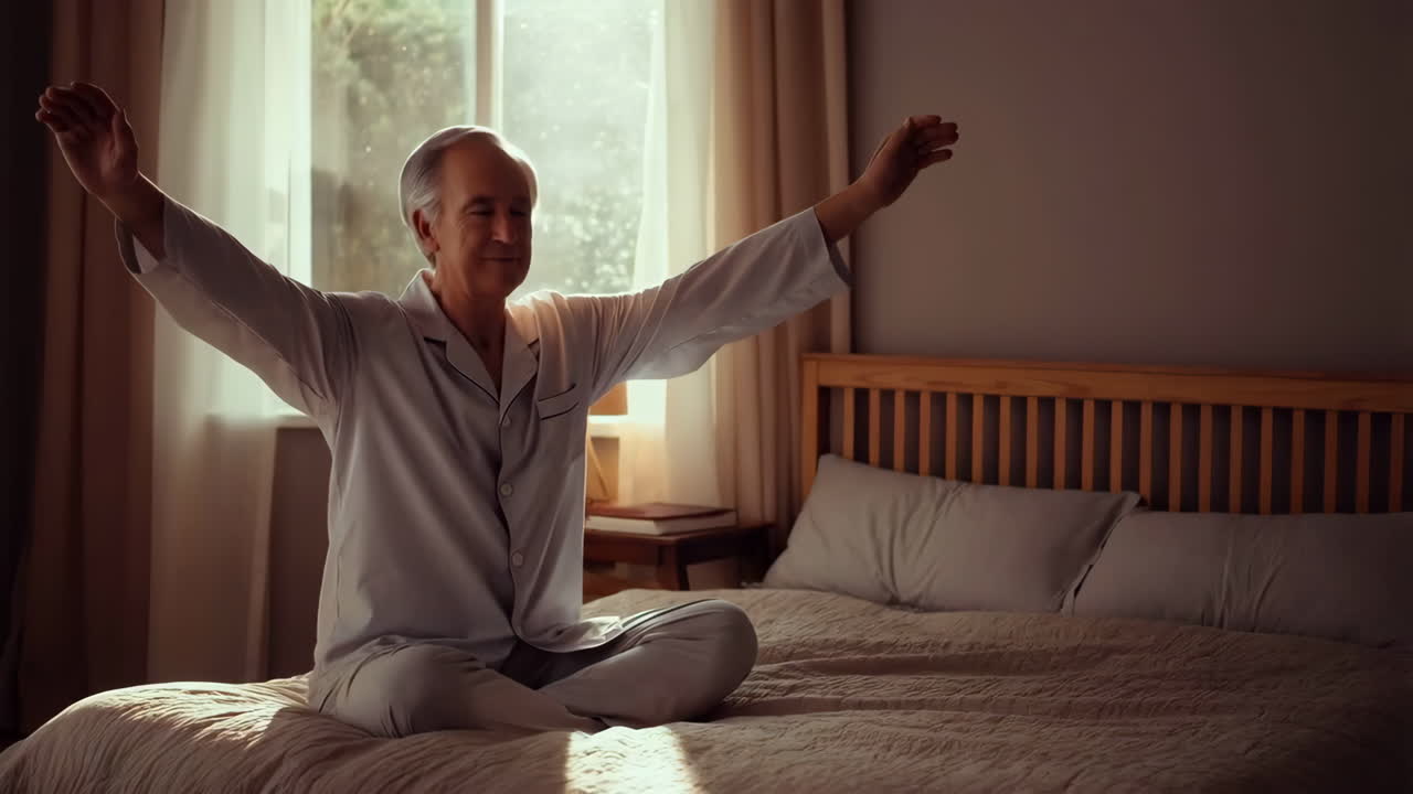 Senior man stretching on bed in pajamas