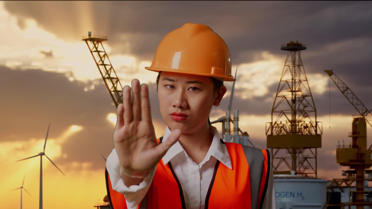 Engineer Gesturing Stop at Sunset Oil Rig Site