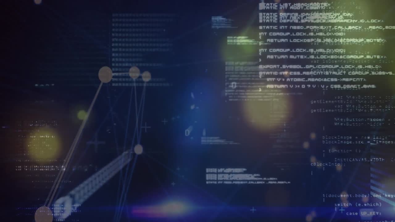 Animation of bokeh lights, connecting dots with data processing on digital interface