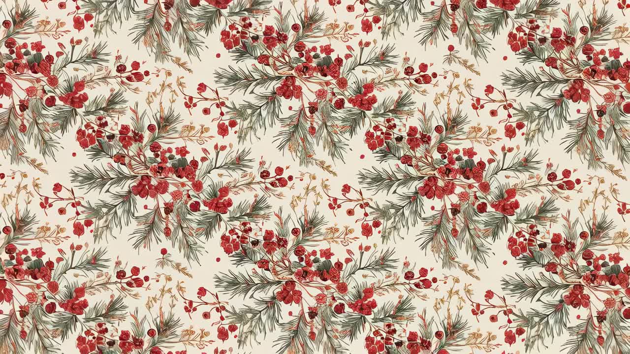 Camera panning repeating foliage pattern across studio surface, revealing pine needles, red berries