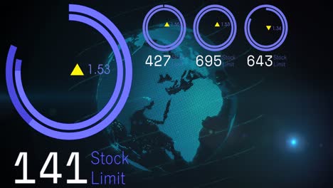 Animation-of-stock-market-data-processing-over-spinning-globe-and-light-spot-on-blue-background