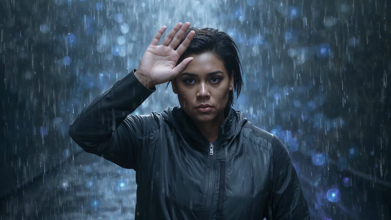 Reacting to rain and backlight, woman in dark hooded jacket shielding, turning into narrow corridor