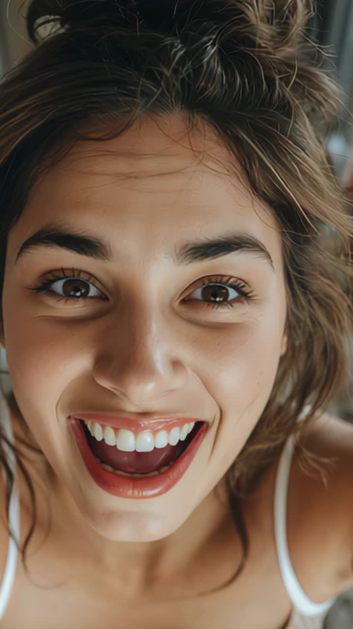 Vertical video: Clip opening showing woman shifting expression at home, moving from laugh to smile