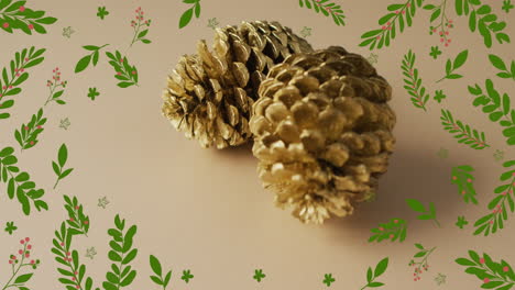 animation of autumn leaves over pine cones on brown background