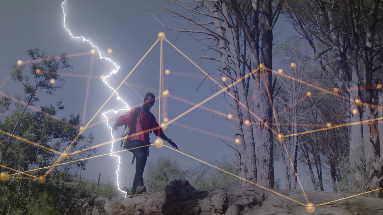 Male hiker balancing on fallen log in woodland clearing, showcasing digital web overlay technology