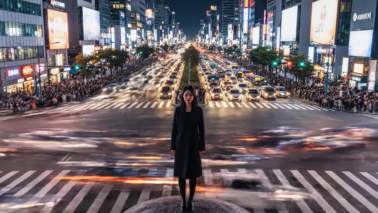 Woman Standing in a Busy City Street at Night