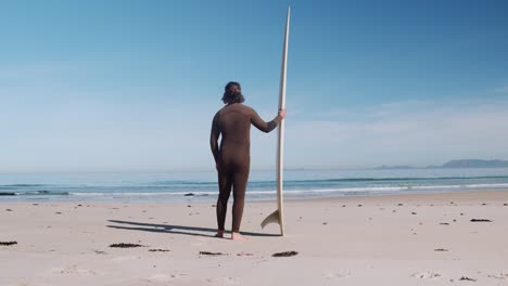 surfer on the beach with wetsuit and surfboard looking out facing the waves