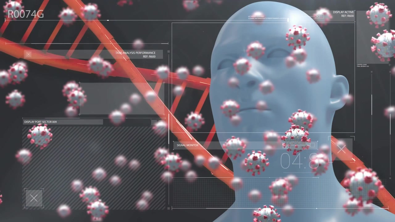 Animation of data processing over virus cells with digital human and dna strand on black background