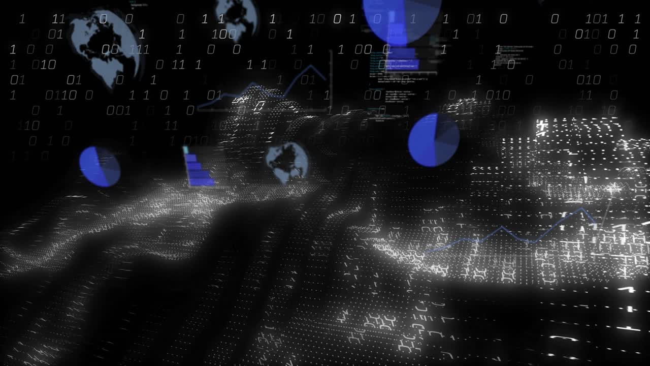 Binary digits cascading, data wave mesh waving, globe icons appearing, charts updating data display
