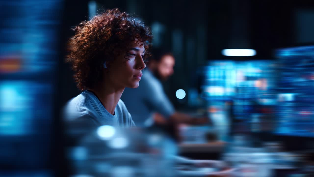 Focused Individual Analyzing Data on Multiple Screens in a High-Tech Environment with a Dynamic Background and Intense Concentration on Work Responsibilities